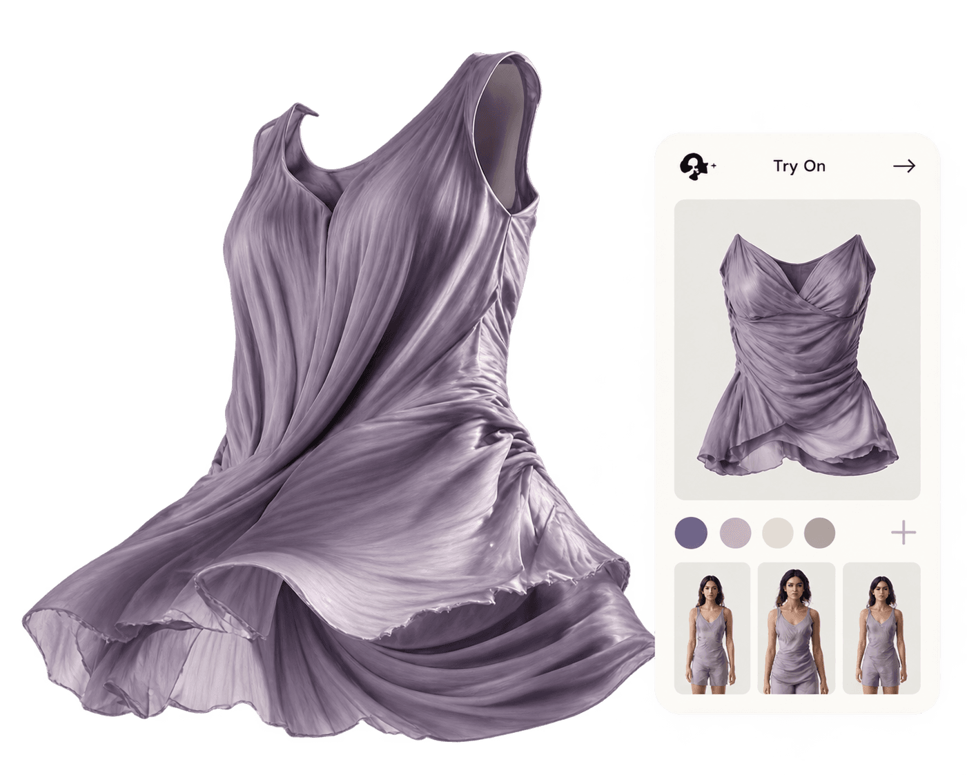 Lilac dress with Clothsy AI virtual try-on preview